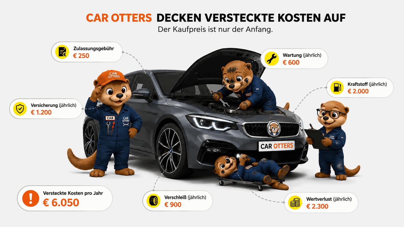 Car Otters Mascots zeigen die versteckten Kosten eines Autos: Zulassung, Versicherung, Wartung, Kraftstoff, Verschleiß, Wertverlust.